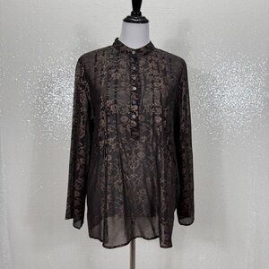 Chico’s 100% Silk Sheer Tunic Blouse Size 2 Black Bronze Floral Long Sleeve